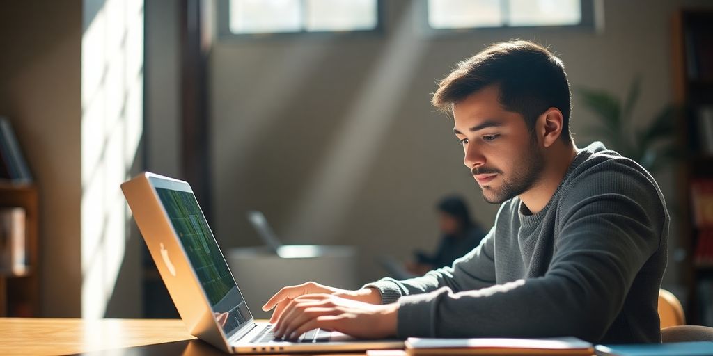 Person using a laptop computer in a bright room.