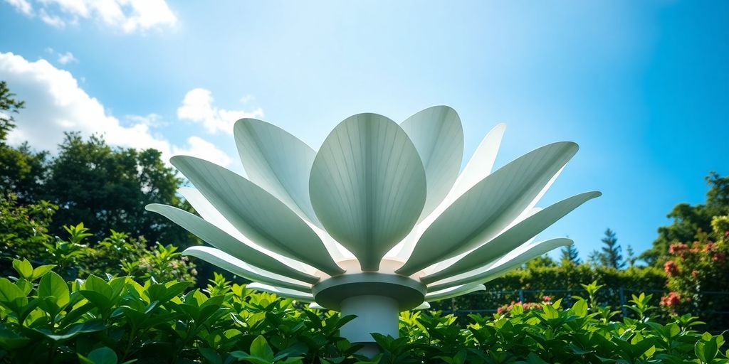 Panneau solaire Smartflower ouvert dans un jardin.