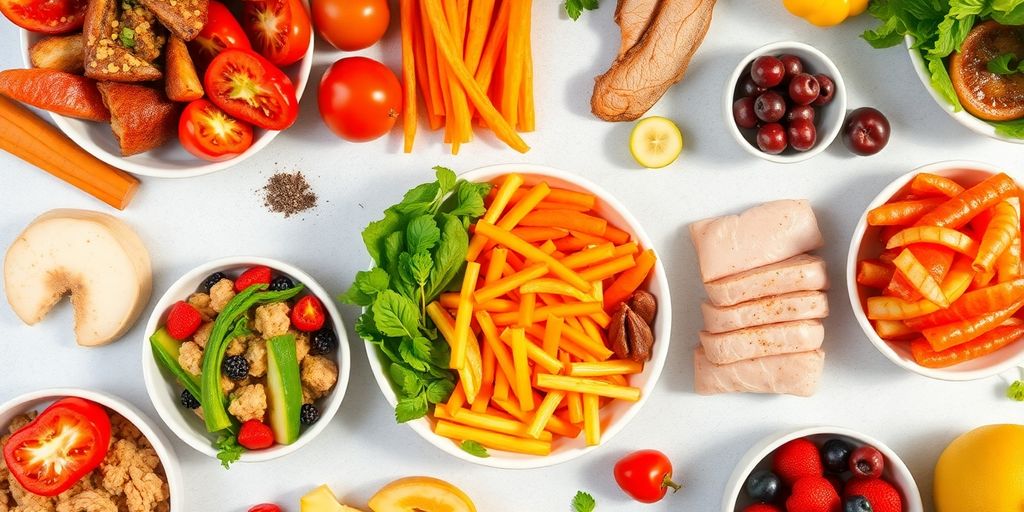 Nutritious meal and healthy snacks.