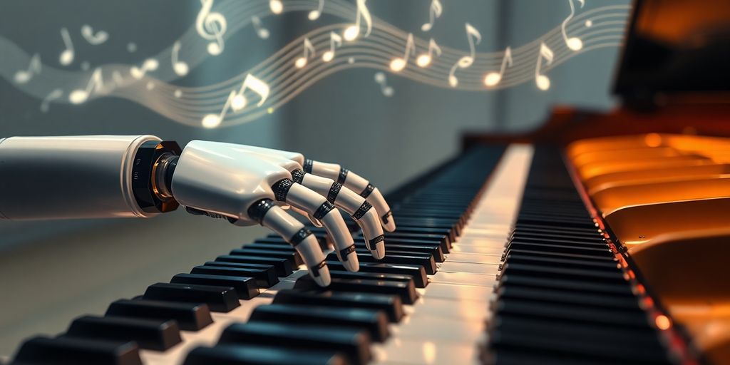 Robot hands on piano keys, musical notes flowing.