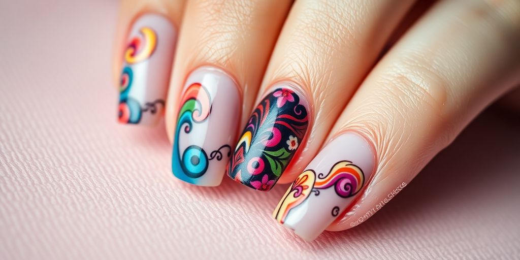 Close-up of beautifully painted nails with artistic designs.