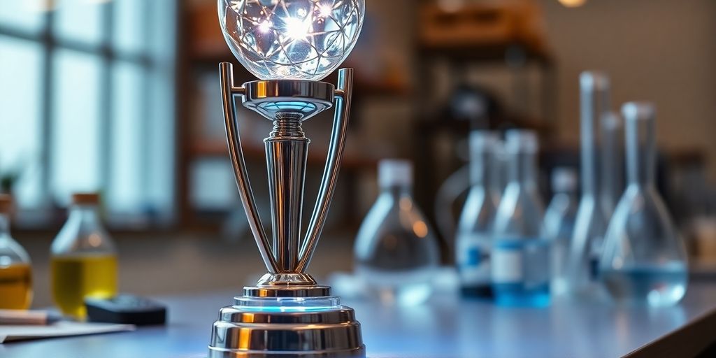 Glowing futuristic trophy, laboratory background.