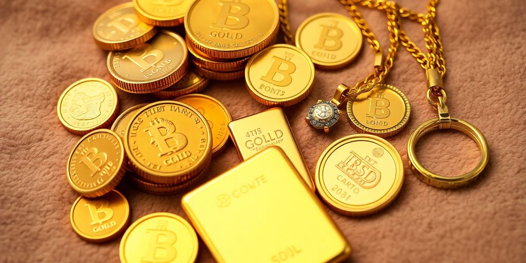 Différents types d'or : pièces, lingots, bijoux.