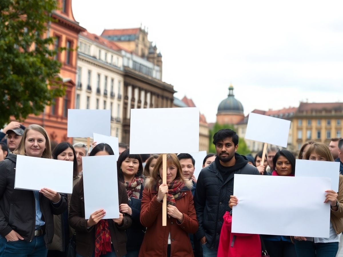 Oameni protestând pașnic cu pancarte goale.