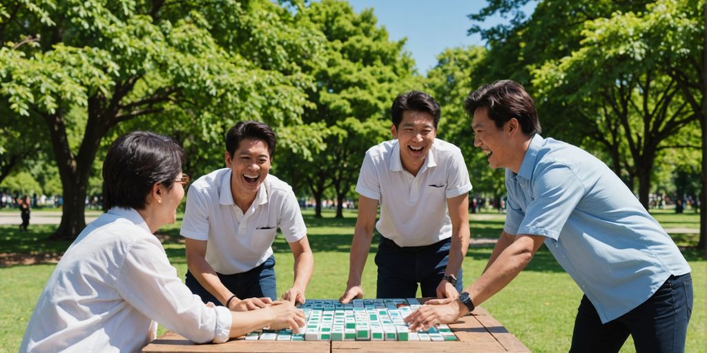 Friends playing with giant Mahjong tiles outdoors