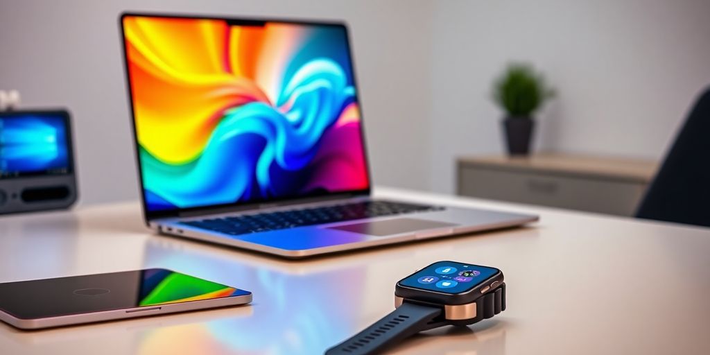 Futuristic laptop, tablet, and smartwatch on a desk.