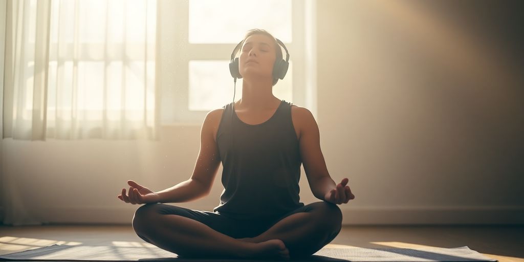 Person meditating, headphones, soft light, peaceful expression.