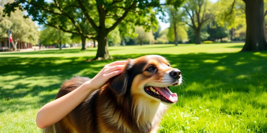 Happy dog playing in Mosman park with owner.