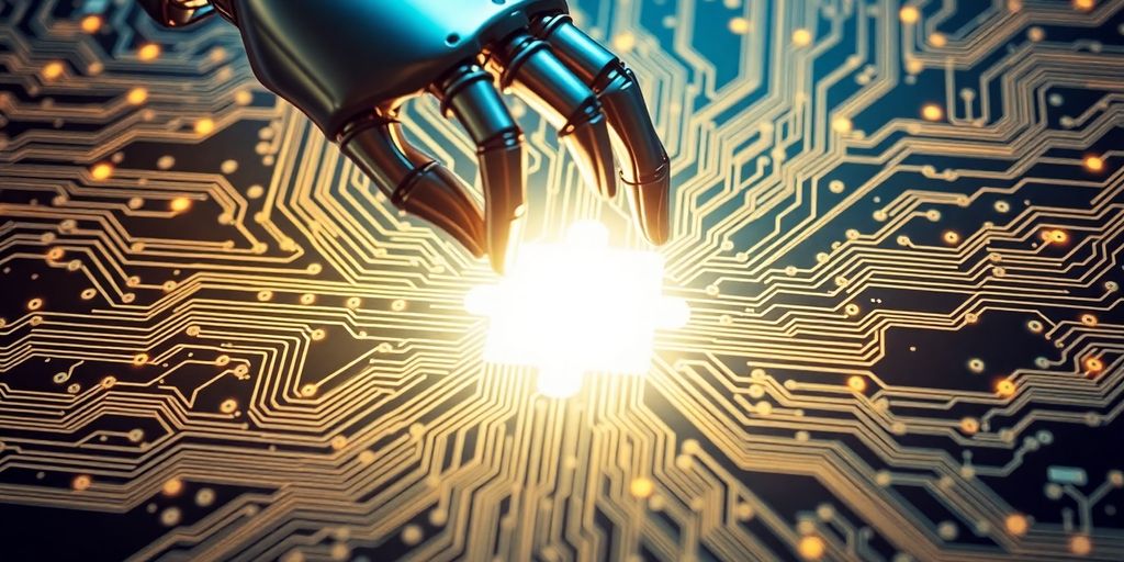 Robotic hand holding glowing puzzle piece.