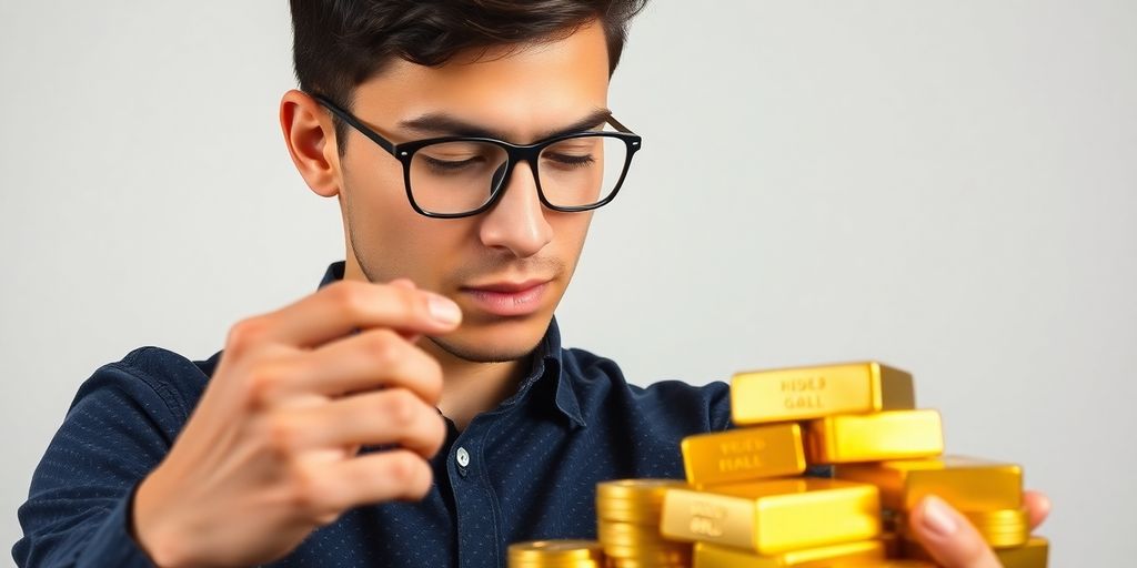 Jeune investisseur avec des lingots et des pièces d'or.