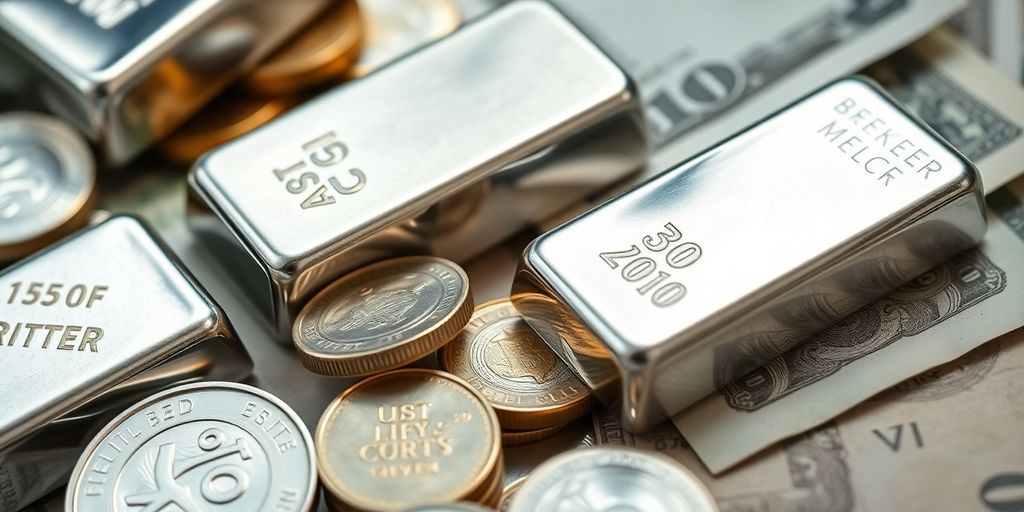 Lingots et pièces d’argent avec des billets en espèces.