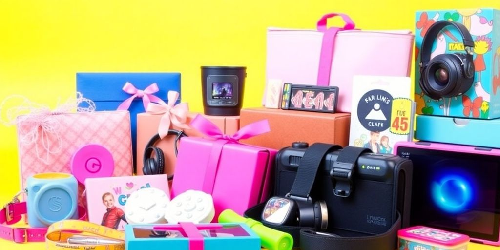 Colorful trendy gifts for teens on a bright background.