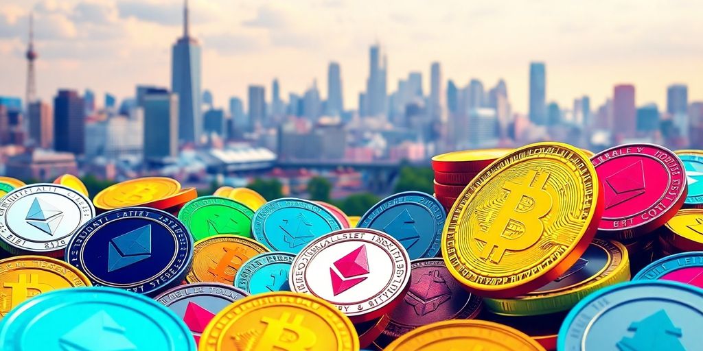 Colorful cryptocurrencies with a futuristic city background.