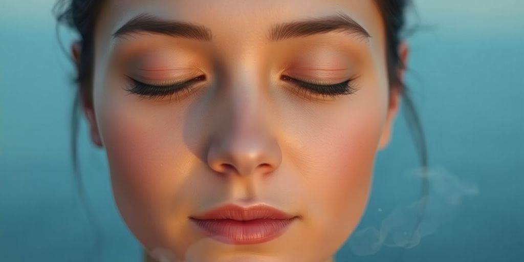 Person meditating, surrounded by calming, soft light.