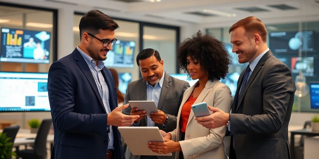 Business people interacting with digital interfaces.
