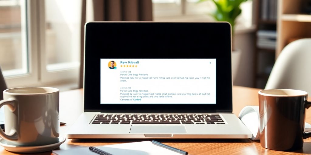 Laptop with positive reviews and coffee in a bright setting.