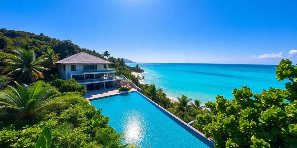 Luxury villa, infinity pool, tropical garden, ocean vista.
