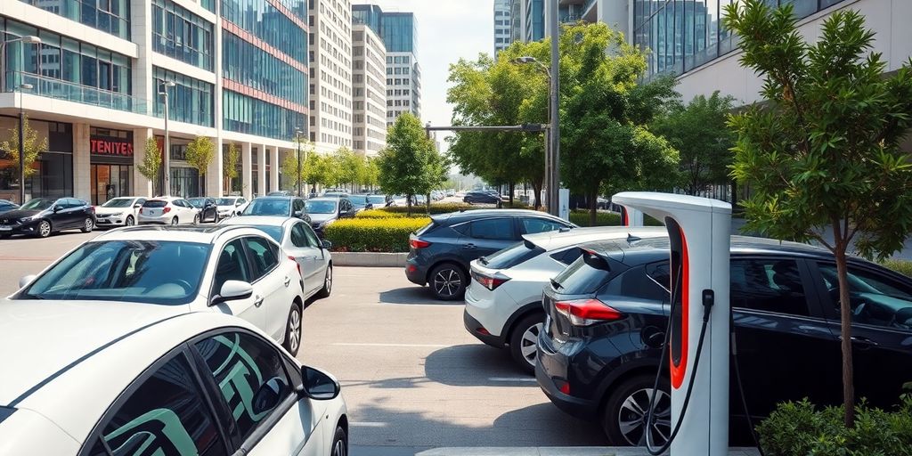 Electric vehicles charging in a modern urban setting.