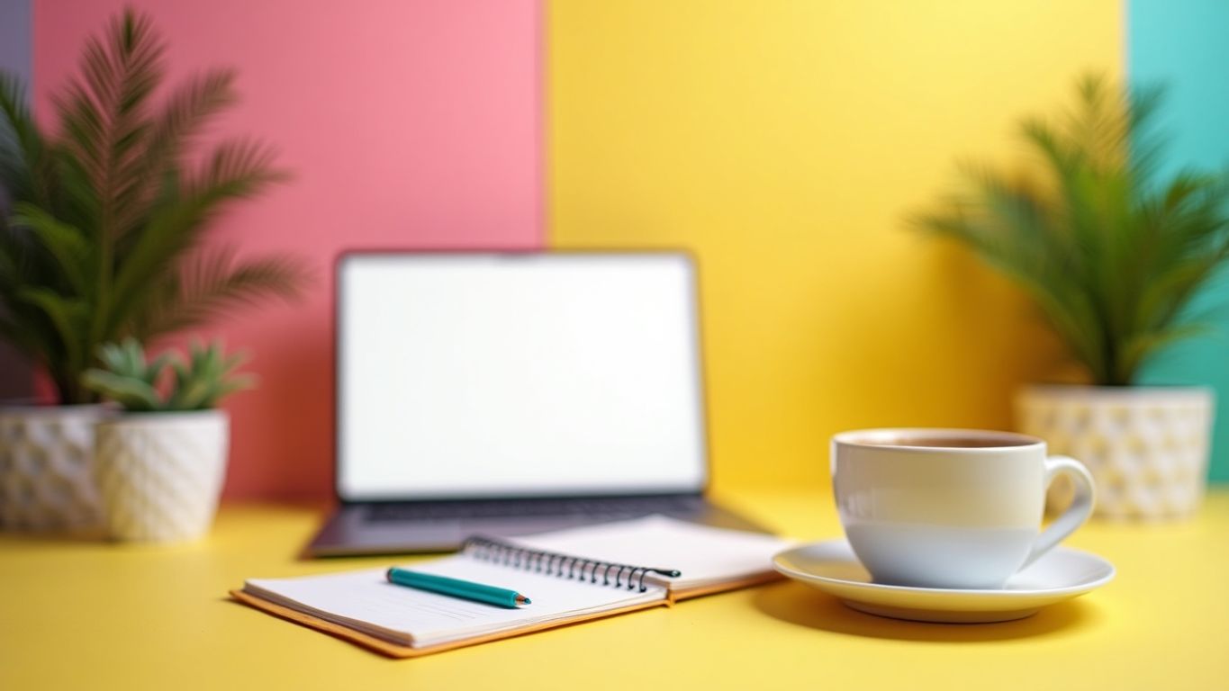 Bright workspace with a laptop and coffee cup.