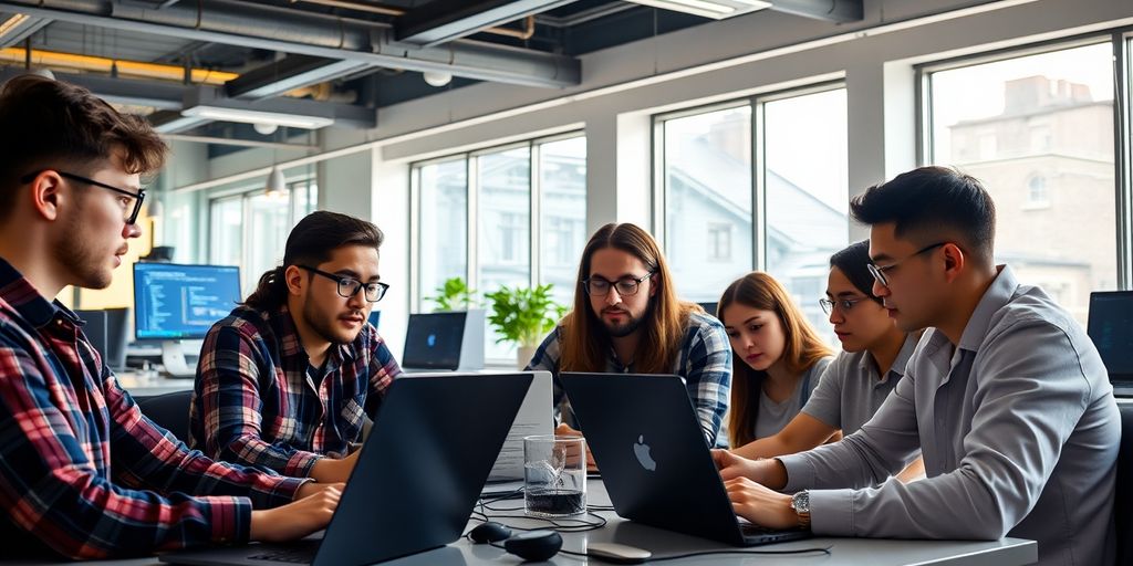 Group of developers collaborating in a modern office.