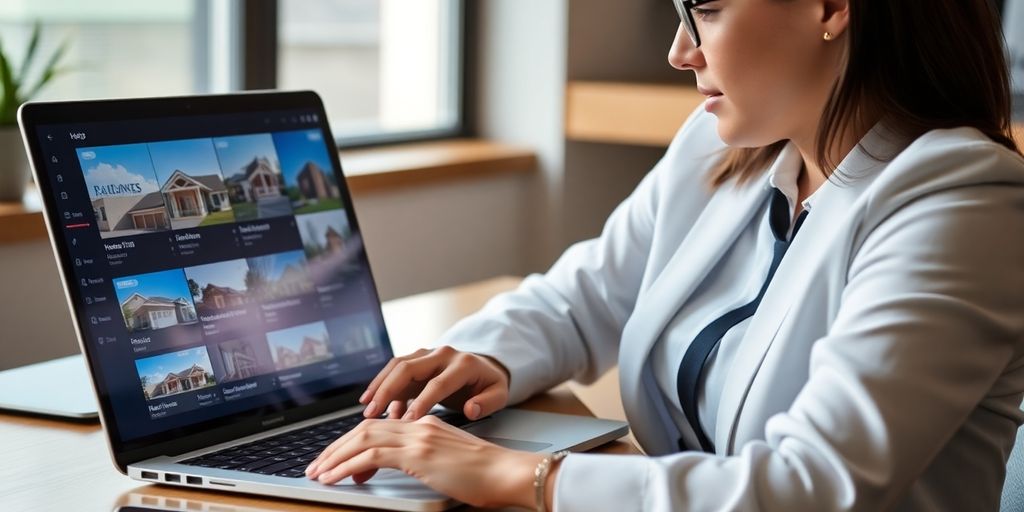 Real estate agent with laptop showcasing properties.