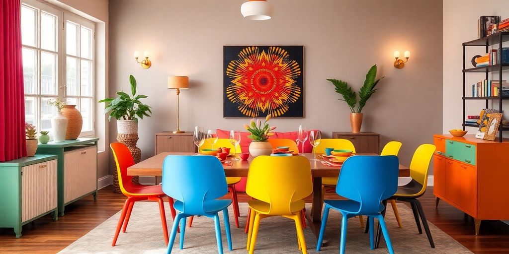 Colorful dining room with eclectic furniture and decor.