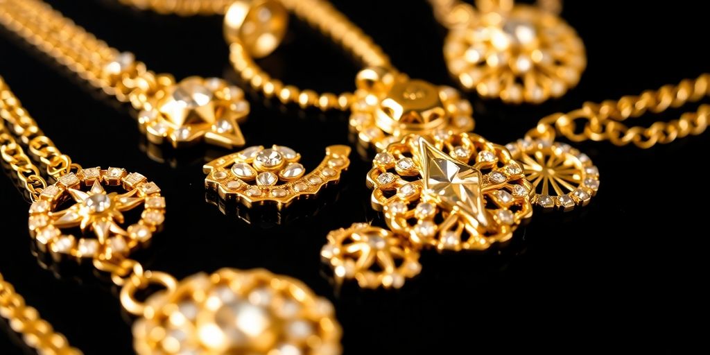 Bijoux en or brillants sur fond sombre.