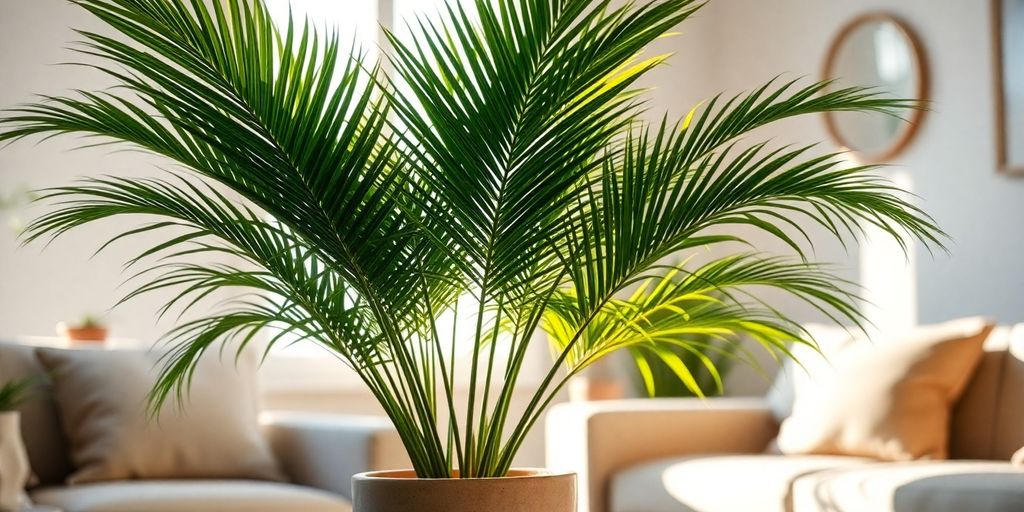 Lush green areca palm in tropical-themed room.