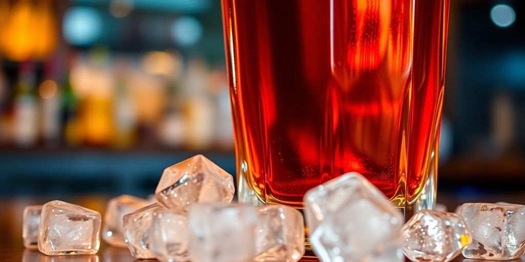 Glass of whiskey with ice in a bar setting.