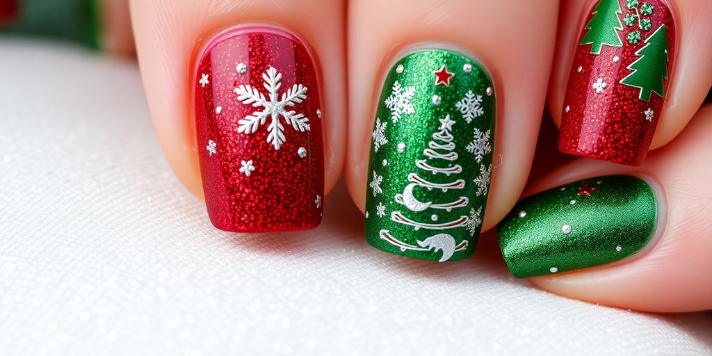 Unhas decoradas com temas natalinos em vermelho e verde.