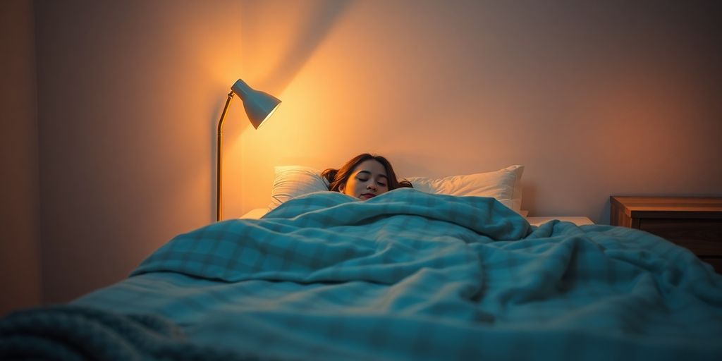 Peaceful bedroom, soft lighting, person sleeping soundly.