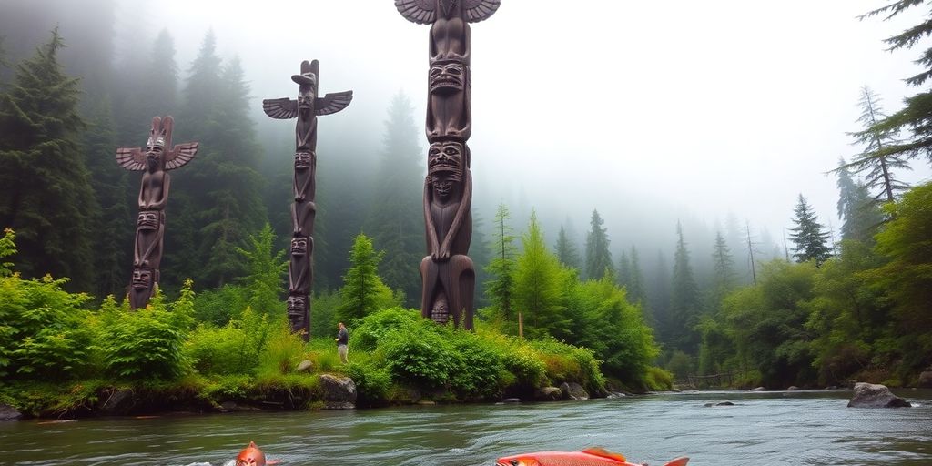 Tall, colorful totem poles in a lush Alaskan rainforest.