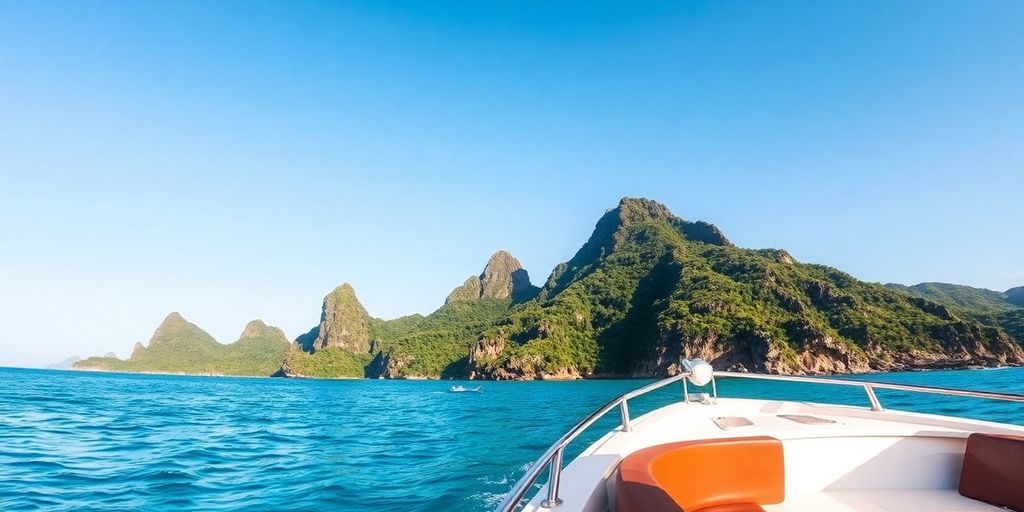 Private boat in Komodo's clear waters with lush islands.