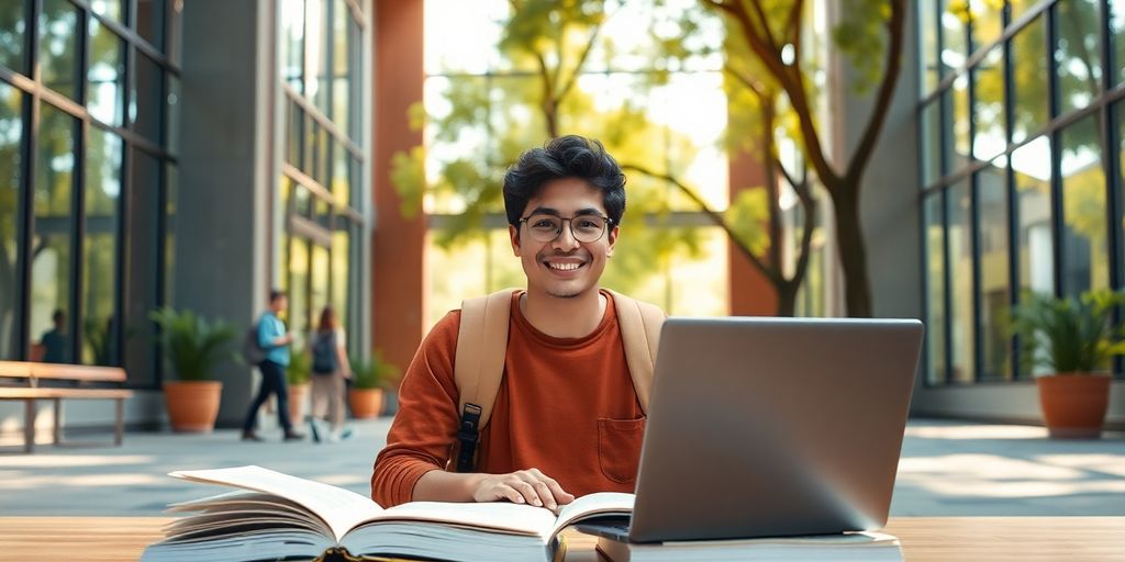 एक गतिशील और जीवंत वातावरण में एक विश्वविद्यालय छात्र।
