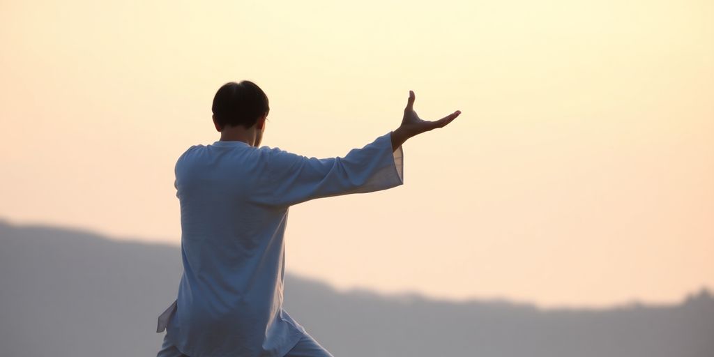 Person practicing Tai Chi peacefully in a serene setting.