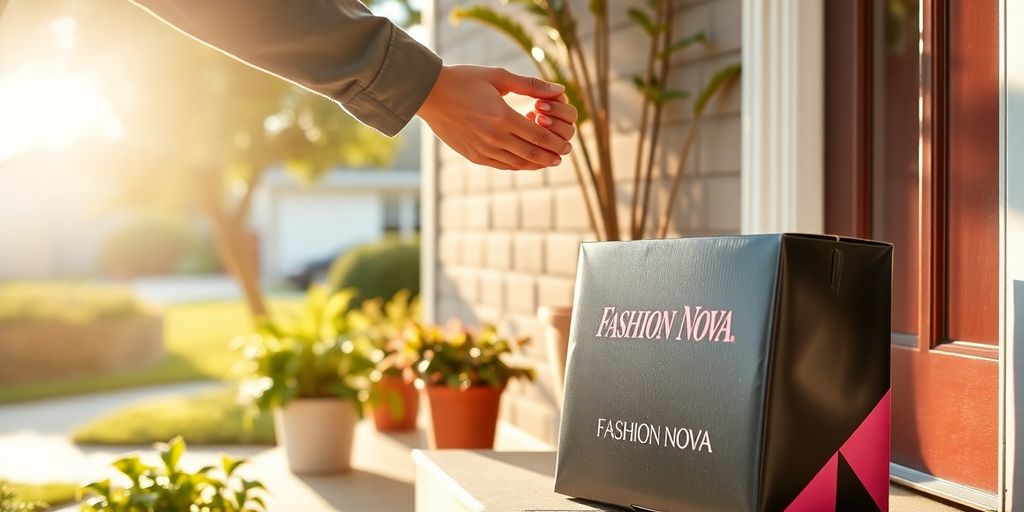 Delivery person hands Fashion Nova package to recipient at doorstep