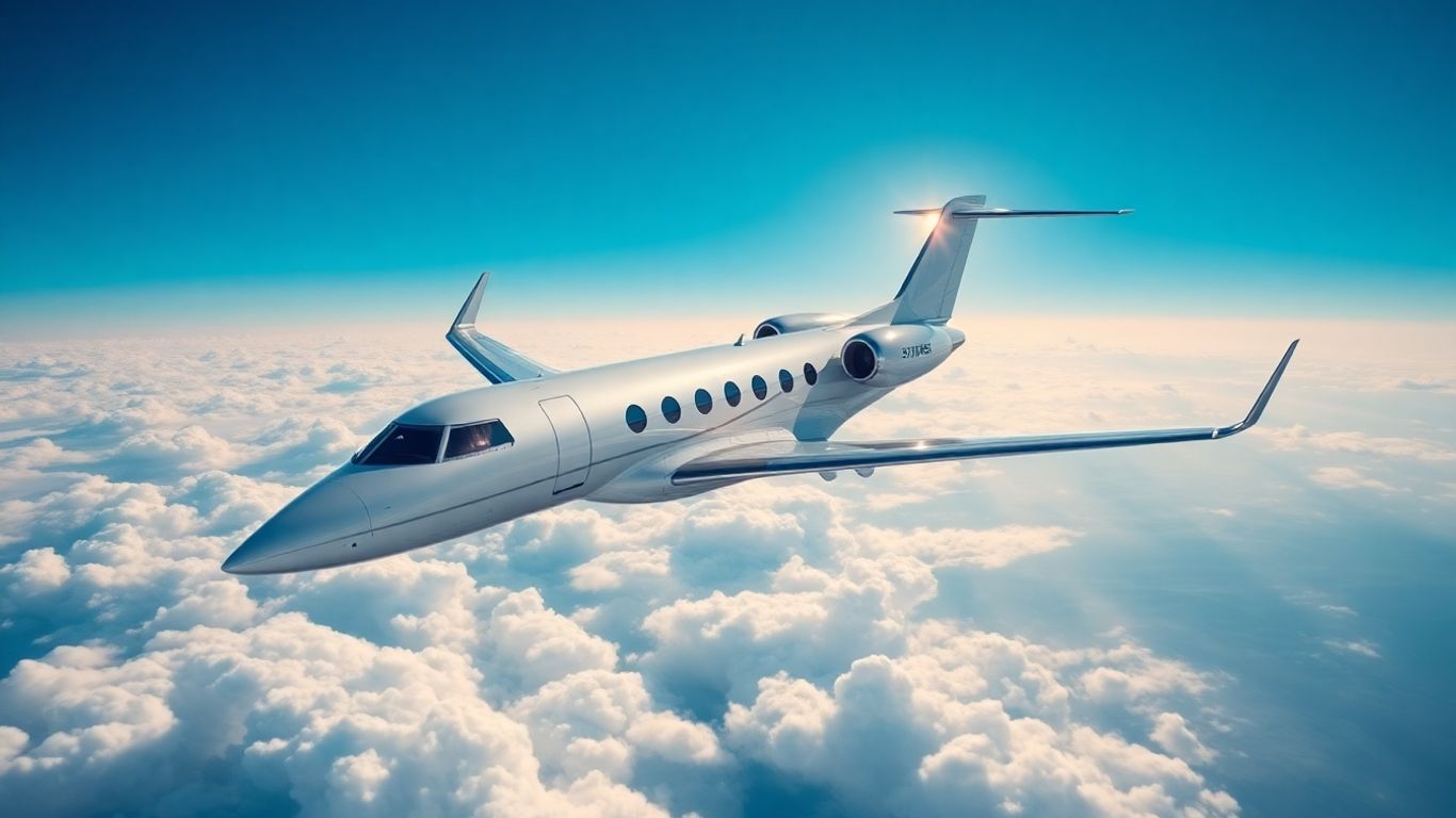 Private jet flying through clouds