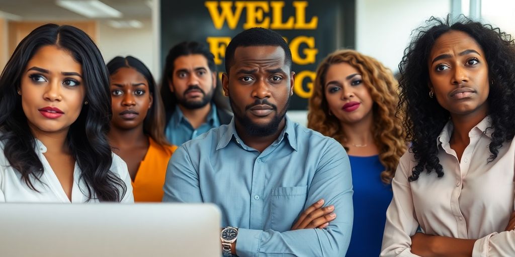 Concerned employees discussing recent layoffs at Wells Fargo.