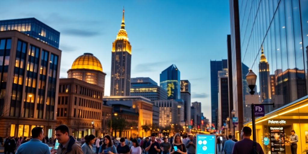 Columbus skyline with illuminated buildings and people using devices.