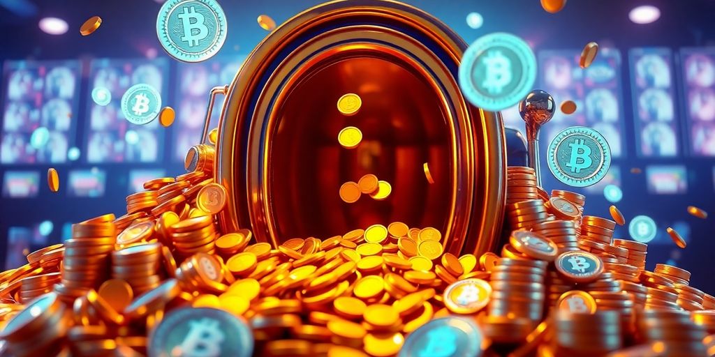 Golden coins, slot machine, crypto.
