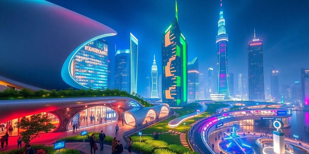 Futuristic cityscape with innovative architecture and technology.