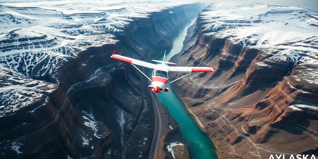 A small tour plane soars over a vast Alaskan canyon.