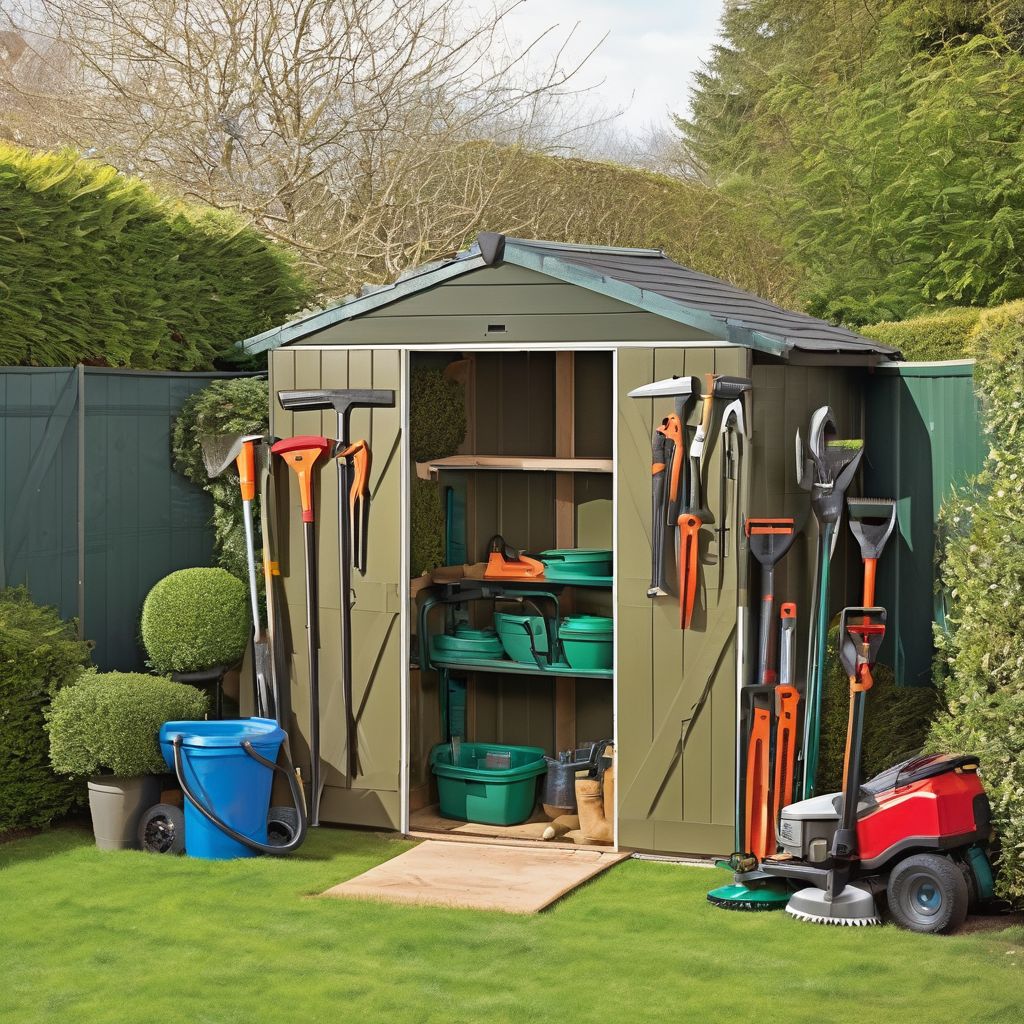 gardener storing hedge trimming tools safely in a shed