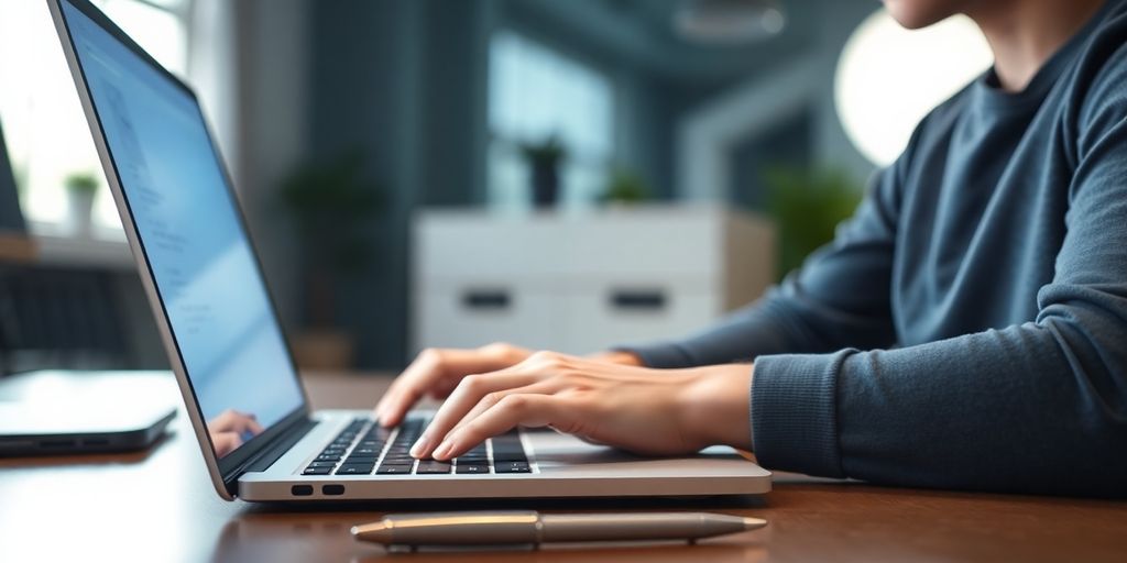Person typing on laptop, glowing screen.