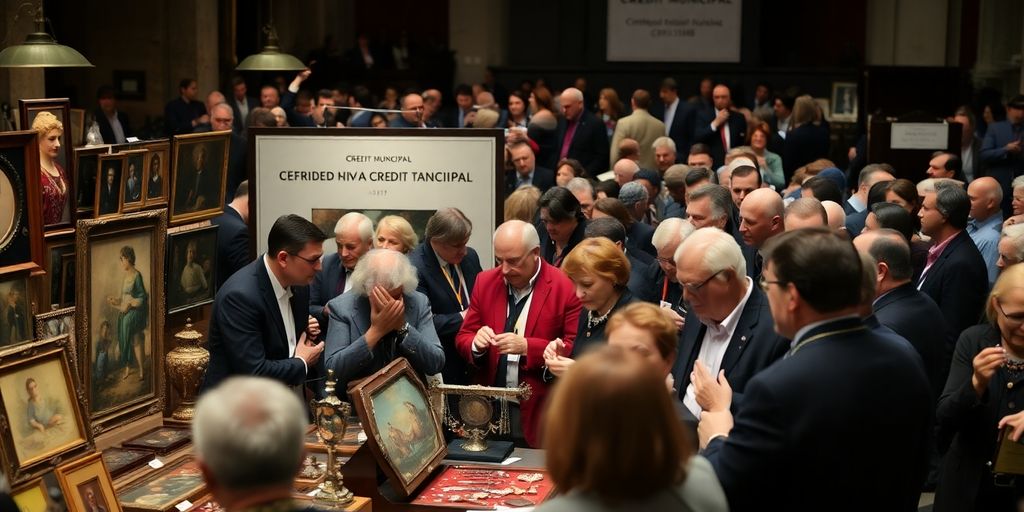 Enchères animées au Crédit Municipal avec des enchérisseurs.
