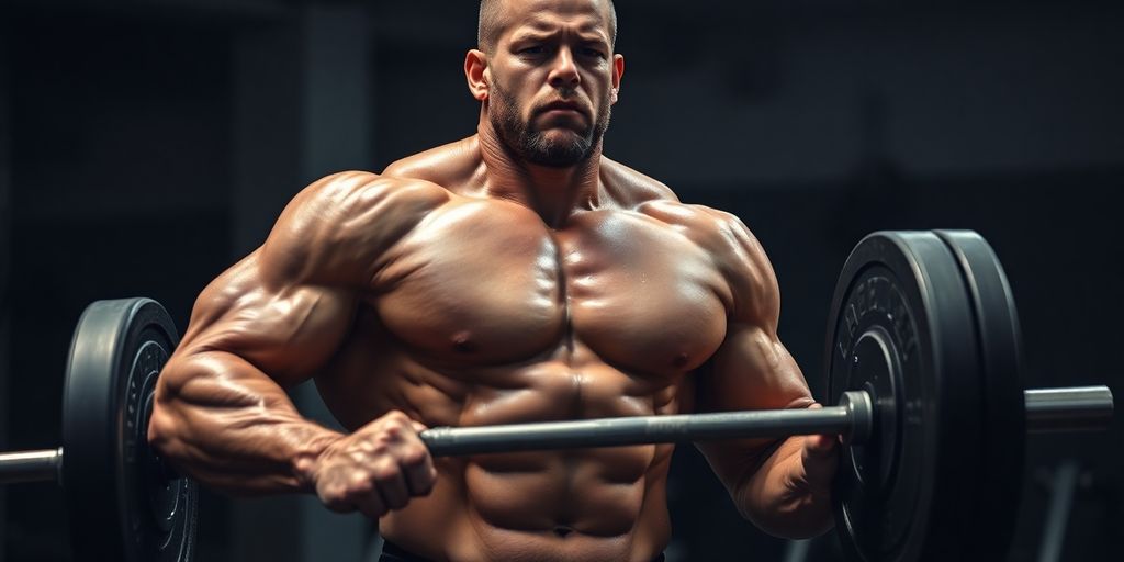 Muscular man performing a barbell deadlift in a gym.