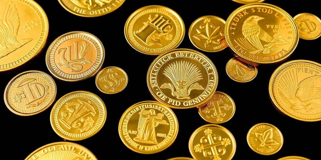 Pièces d'or variées sur fond sombre.