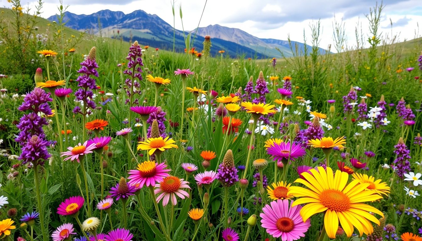 Colourful wildflower garden with mountain backdrop