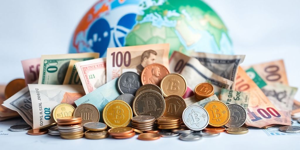 Diverse currency notes and coins from around the world.