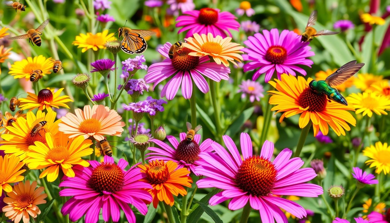 Colorful garden with flowers, bees, butterflies, hummingbirds